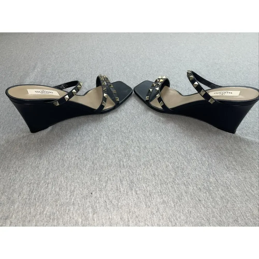 Valentino Sandals Womens US 10 (EU 40) Black‎ Rockstud Wedge Made In Italy